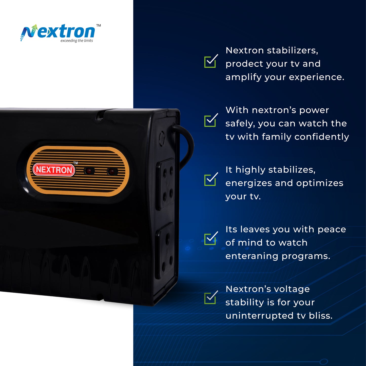 NEXTRON Voltage Stabilizer for Smart LED TV for 32/43/55 inchs+ Set Top Box+Home Theater System/Gaming Console (Black)(90-290Vwith 5 Years Warranty, ((90-290V)) (Range 90-290V)